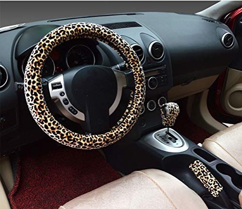 3 in 1 weicher Leopard Auto Lenkradbezug Handbremsgriff Schalthebelmanschette Abdeckungen 38 cm Kurzer Plüsch Warmer Winter für alle Autos Beige