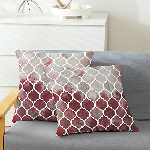 CaliTime Kissenbezüge Kissenhülle Packung mit 2 Cosy Kissenbezügen für Bett Sofa manuell handbemalt bunt geometrischer Gitterkettendruck 40cm x 40cm Hauptgrau Rot Burgund
