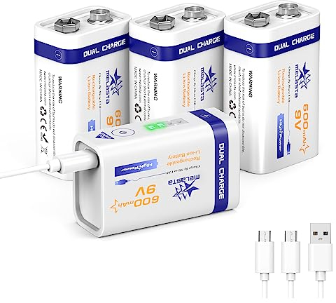 melasta 9V Rechargeable Battery High Capacity 600mAh Compatible with 6F22 PP3 MN1604 6LR61 with 2 in 1 USB Cable, 9V Li-ion Batteries Long Lasting All-Purpose for Smoke Detector Multimeter, Toys 4 PCS