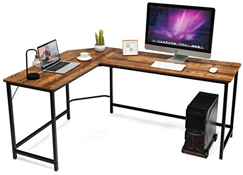 COSTWAY Bureau d'angle en L avec Support PC Central, Poste de Travail Industriel Bureau Informatique Cadre en Fer, Table d'Ordianteaur pour Bureau, Salon, 168 x 125 x 74 cm(Café)