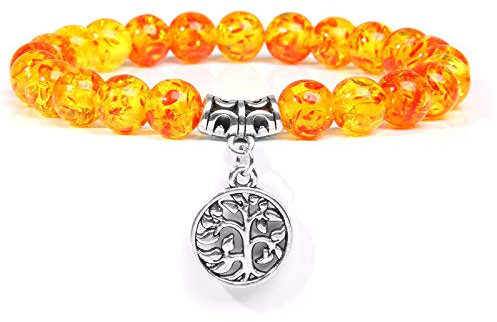 Bracelet Femme Pierre Naturelle, 7 Chakra Bracelet en Pierre Naturelle Jaune Ambre Perles Amitié Bracelets Élastique Couple Argent Arbre De Vie Pendentif Bijoux Ami Hommes Cadeau