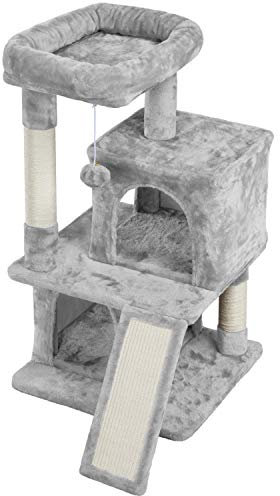 Yaheetech Arbre à Chat Tour avec Griffoir 1 Platforme et Colonne en Sisal Centre d'activités 2 Niches 1 Boule de Peluche 49 x 45,5 x 91 cm Gris Clair