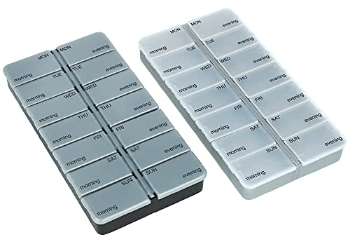 COM-FOUR® 2X Medikamentendosierer auf ENGLISCH - Medikamenten-Box für 7 Tage - Pillendose - Tablettendose - Tablettenbox - Wochendosierer zur Aufbewahrung [ENGLISCH] (schwarz/silberfarben)