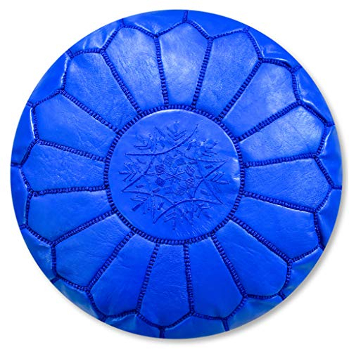 Poufs&Pillows Marokkanischer Echtleder Pouf - Handgefertigt - Gefüllt Geliefert - Ottoman, Sitzsack, Fußhocker, Puff (Blau)
