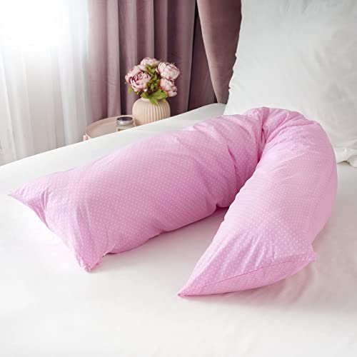 PHD Primera Seitenschläferkissen 200 x 40 cm mit Bezug (Rosa mit Punkten) - Allergiker-empfohlen u. 60°C waschbar, perfekt als Schwangerschaftskissen u. Stillkissen, Öko-Tex 100 Zertifiziert