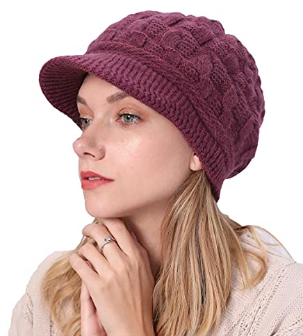 Gajaous Damen Winter Gefütterte Basken mütze Mütze Strick Ballon mütze Warm Slouchy Mütze mit Visier
