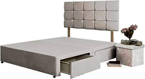 Silver divan bed base with Matching 20 Inches high Headboard and Same Fabric Drawers on same side. (4FT6 Double Bed Frame Crushed Velvet Fabric With 2 Free storage drawers), King