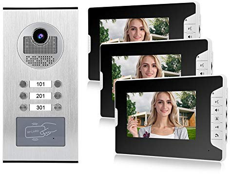 Oreilet Sistema Videocitofonico Appartamento 3 unità, Sistema Videocitofonico con Monitor 7, Kit Videocitofono Visione Notturna Supporto Telecamera Citofono Citofono Bidirezionale, Sblocco(EU)