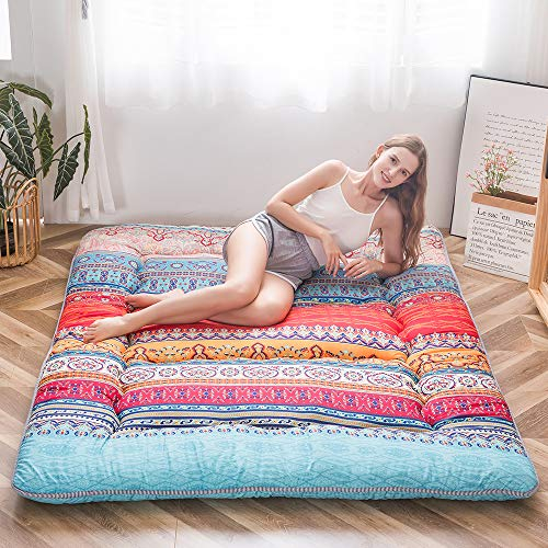 MAXYOYO Böhmische Retro Futon Matratze - Vintage Blumenmuster japanische Bodenmatratze - rollbar verdicken Gästebett, Schlafbett, tragbare Campingbett, Tatami Matte (Bohemian A, 135 x 190 cm)