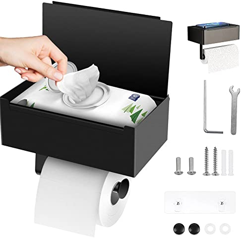 Gobesty Toilettenpapierhalter mit Feuchttücherbox, 2 in 1 Klopapierhalter mit Aufbewahrung, Edelstahl Klorollenhalter, Wandhalterung Selbstklebender WC Papier Halterung, für Badezimmer Toilette