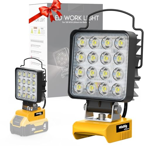 Luz de trabajo LED inalámbrica compatible con batería Dewalt de 20 V, 48 W, 4800 lúmenes, herramienta de luz de trabajo debajo del capó, regalos para hombres, con puerto de carga USB y tipo C de