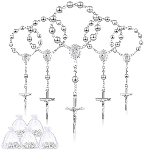 Sasylvia 60-teiliges Taufgeschenk-Set, 30 Stück versilberte Mini-Rosenkranz, Tauf-Rosenkranz, Perlen, katholische Finger-Rosenkränze und 30 Stück Organzabeutel für Taufgeschenk, Erstkommunion,