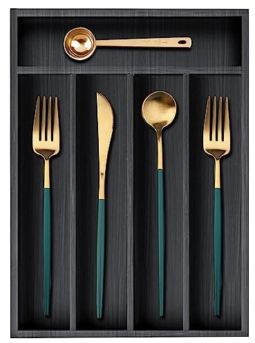 Small Kitchen Utensils Drawer Organizer Black Wooden Flatware Cutlery Tray Silverware Divider Organizer Narrow Wood Silverware Utensil Tray for Drawer Insert Cutlery Fork Spoon Holder for Drawer