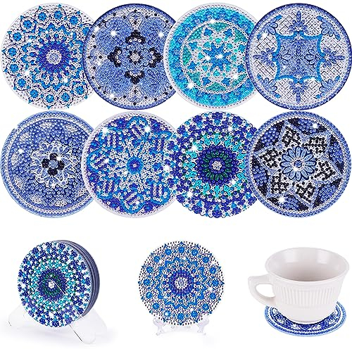 VOESLD Diamond Painting Untersetzer mit Transparente Halter, 8er Set DIY Diamond Painting Erwachsene Kinder, Küche Wohnzimmer Dekoratio DIY Geschenke Blau Muster, aus Acryl