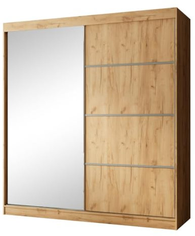 Mars Meble Schiebtürenschrank Paco 200cm Kleiderschrank inkl. 2 Schiebtüren Schrank mit Spiegel Kleiderstange, Breite: 200 cm, Farbe: Eiche Craft golden
