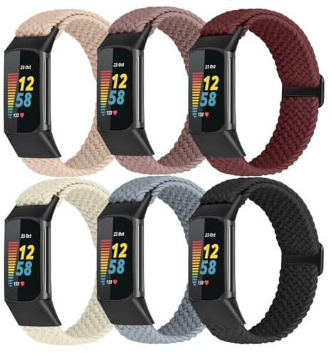 6 Packs Stretchy Loop Bands Compatible With Fitbit Charge 5, Adjustable Nylon Braided Straps for Women Men