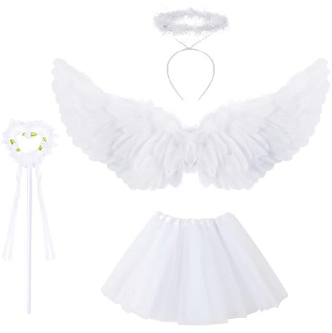 Topzora Weiß Engel Kostüm Damen, Engelsflügel mit Tütü Rock, Heiligenschein und Zauberstab für Halloween, Mottoparty, Karneval, Kostümparty