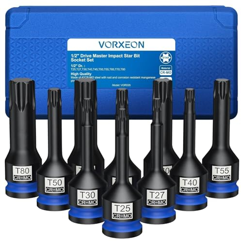 VORXEON 10PCS 1/2 Drive Torx Bit Steckschlüssel Satz T25 T27 T30 T40 T45 T50 T55 T60 T70 T80 42CRMO mit
