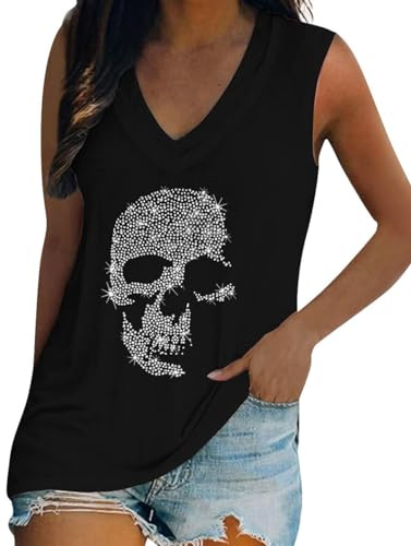 Fronage Damen-Tanktop mit Strass-Totenkopf-Motiv, lockere Grafik, V-Ausschnitt, ärmelloses T-Shirt