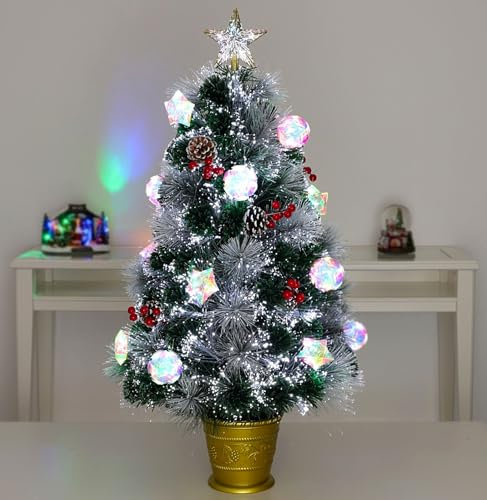 Christmas Concepts® 3ft (36) Green Prelit Fibre Optic Christmas Tree with Berries, Pinecones & LED Iridescent Ornaments - 37 Functions Included - Artificial Christmas Trees