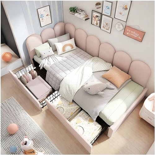 Letto singolo 90x200 cm, letto per bambini con contenitore, con rete a doghe, daybed in velluto (Rosa, 90 * 200)