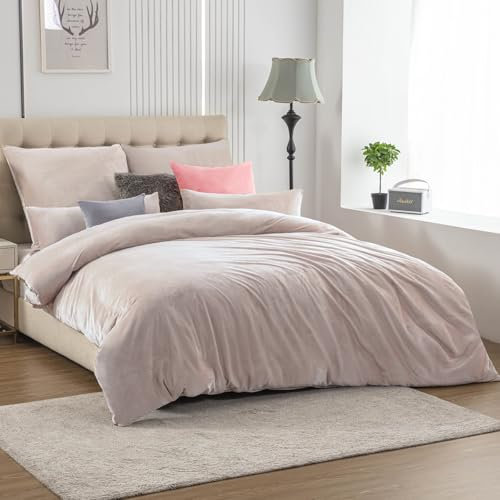Soifox Winter Flanell Bettwäsche 200x200 - Beige Flauschige und Warme Cashmere Touch Bettbezug + Kissenbezug 2er Set 80x80 cm mit Reißverschluss