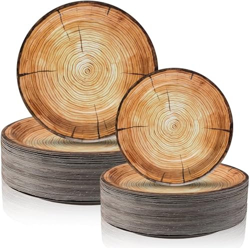 Malloom 100 Pcs Wood Grain Paper Plates, 7 & 9 Rustic Wood Slice Paper Plate, Disposable Party Dinner Plates Farmhouse Round Paper Plate for Dining Table Decor Cut Timber Party Supplies