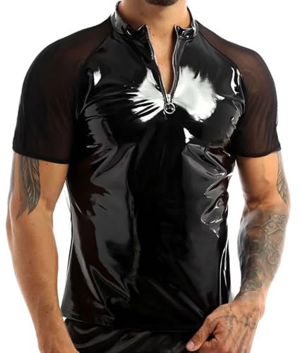 SDGHH-8MMDM Herren Wetlook Oberteile Männer T-Shirt Lack-Optik Jacke Unterhemd Muskelshirt Lack Leder Mesh Mit Stehkragen Sexy Party Clubwear Lack Optik Bluse,Schwarz,M