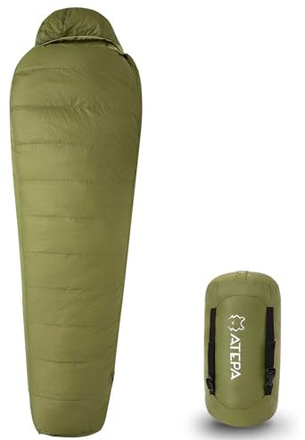 ATEPA 0 Grad Mumienschlafsack 3-in-1, Daunenschlafsack Für Erwachsene, 4-Jahreszeiten Warm, Wasserabweisend, Komfort 6℃ / Limit 1℃, Ideal Für Camping, Reisen & Outdoor, Grün