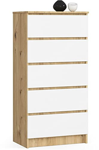 Home Collective Kommode in Artisan Eiche-weiß mit 5 geräumigen Schubladen, 60 cm breit, 121 cm hoch Kommode Schlafzimmer Flur Wohnzimmer Organizer mit Schubladen Holz Highboard Sideboard Schrank
