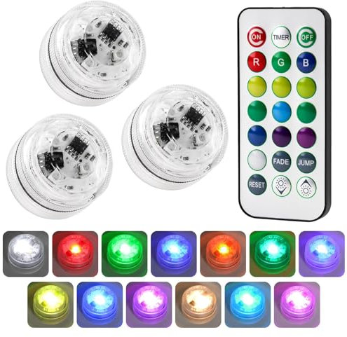 3 Pcs Mini Submersible LED Lights Waterproof RGB Small Color Changing Pool Tea Lamp with Remote Control Battery Operated Flameless for Aquarium Pool Garden Vase Party Christmas Decorations 18hours