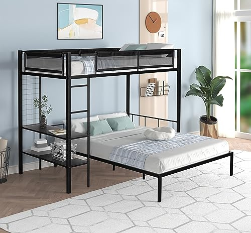 Tiiiopkvvv Doppelstockbett aus Metall mit integrierten 2-stöckigen Regalen und Gitterplatte, stabiles Metallbett mit geräuschfreien Holzlatten und komfortablem Textilene-Geländer, 198 cm L x 198 cm B
