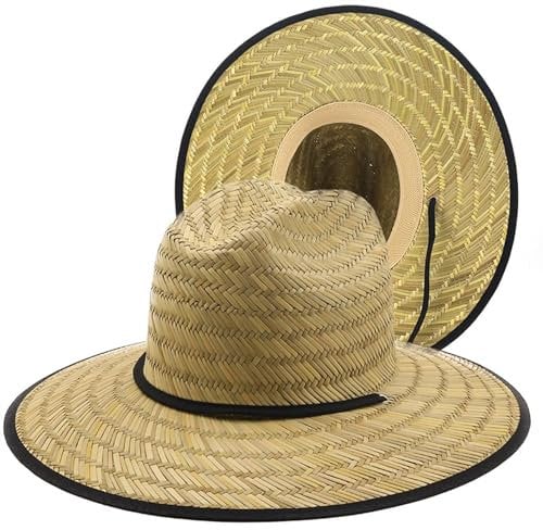 YGLEEULI Straw Hat Classic Handwork Women Men Lifeguard Hat Straw Summer Beach Sun hat Outdoor Summer Wide Brim Straw Womens Summer Hat Black