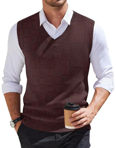 Herren Pullunder Weste Kariert Gestreiftes Ärmellose Strickweste V-Ausschnitt aus Baumwolle Frühling Pullunder Pullover für Männer