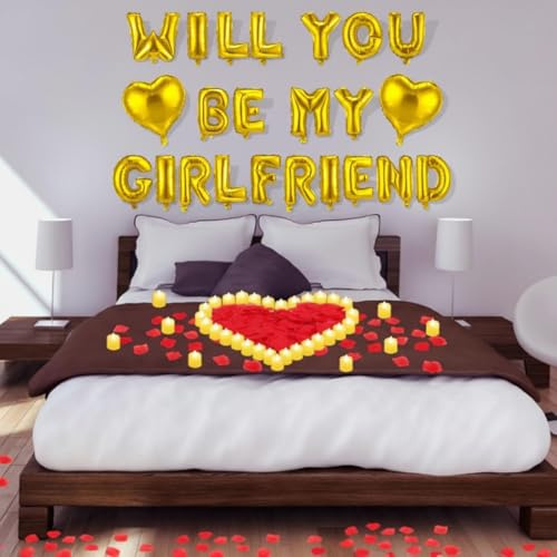 HyDren Will You Be My Girlfriend Balloons Kit Include 18 Inch Heart Shaped Balloons and LED Tealight Candles with 2400 Pcs Rose Petals Romantic Girlfriend Proposal Kit Decorations for Her(Gold)