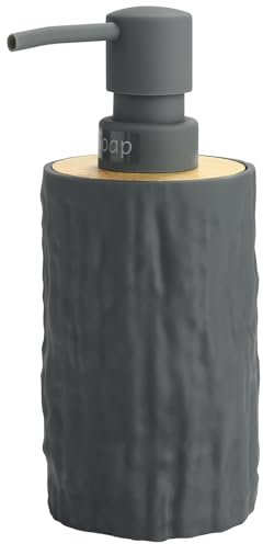 Seifenspender Grau Kunststoff mit Textur und Natürliches Bambus Deko, Seifenspender Bambus Rund Küche Spülmittel für Bad Büro Arbeitsplatte (Grau, Flüssigpumpe)