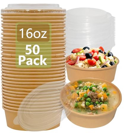 Lot de 20 bols à salade jetables en papier kraft avec couvercles - 500 ml - Pour aliments chauds et froids - Étanches - Pour entreprise, restaurant
