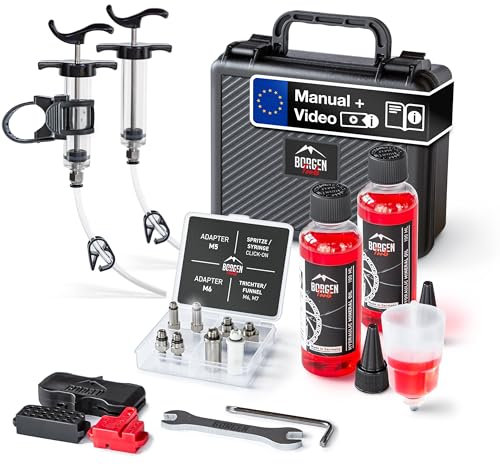 Borgen Entlüftungsset PRO für Shimano, Tektro und TRP Scheibenbremse Fahrrad - Entlüftungskit mit Anleitung, inkl 2X Mineralöl Bremsflüssigkeit, Brake Bleed Kit, Bremsen Entlüftungsset Fahrrad