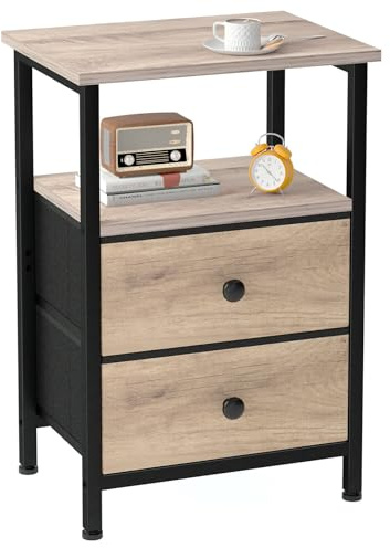 LOAKEKEL Bedside Table, Side Table with 2 Fabric Drawers, Sofa Table | Bedside Cabinet with Open Storage Shelf, End Table, Nightstand for Living Room, Bedroom, Gray UHETS002GY-1