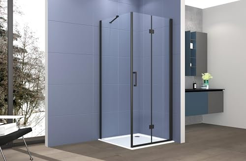 Box doccia Angolare 80x90 cm porta a soffietto + fisso H200 cm cristallo 6 mm profilo NERO OPACO ZAIRA