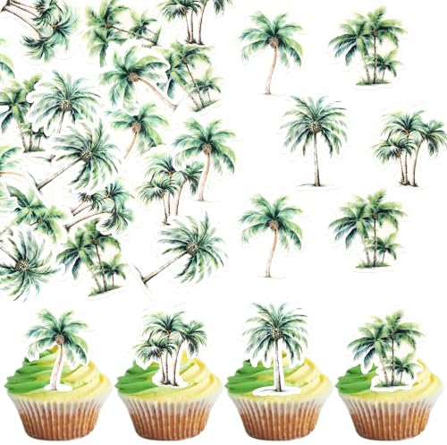 SYKYCTCY 60 Pack Edible Green Palm Tree Cupcake Topper with Coconuts Cake Topper Coconut Palm Landscape Modelr Cake Decorations for Summer Beach Theme Baby Shower Birthday Party Decorations Supplies