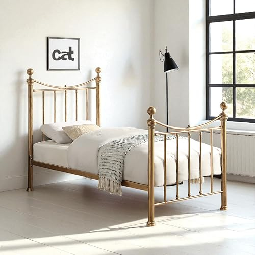 OAT Home Hampstead Victorian Metal Bed Frame - Distressed Antique Brass Effect in Single/Small Double/Double/King Size (Single)