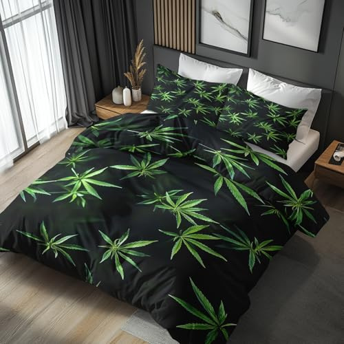 NOGAWA Bettwäsche 135x200 Cannabis Weed - Hanf Grüne Blätter Bettbezug 135x200 2er Set, Weich & Bügelfrei Mikrofaser Bettwäsche-Sets, Wendebettwäsche mit Reißverschluss und 1 Kissenbezug 80x80