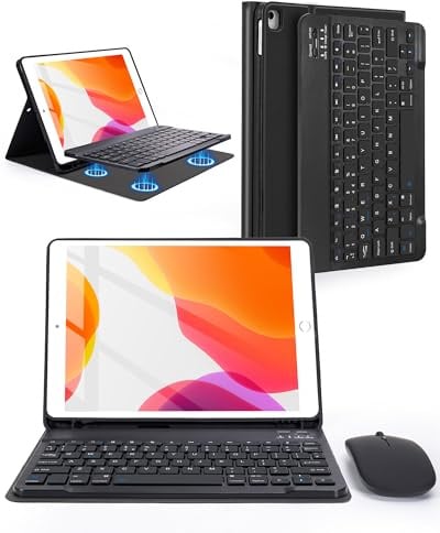 kantaj Keyboard Case with Mouse for iPad 9th 8th 7th Gen 10.2, Air 3 | Bluetooth Detachable Keyboard, Slim Protective Case with Pencil Holder, UK Layout, for iPad Air 3rd Gen & Pro 10.5, Black