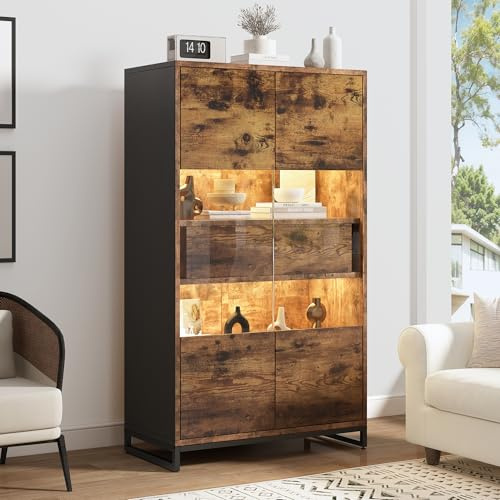 Merax Vitrina transparente con iluminación LED, estantería de 2 puertas y 2 cajones, vitrina de colección, vitrina para vino, salón, comedor, oficina, vintage, marrón
