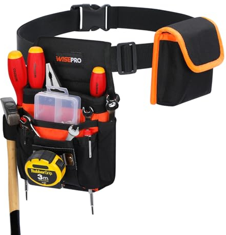 WISEPRO Tool Belt Bag, Waist Tool Pouch Set with Adjustable Nylon Belt, Multi-Pocket Tool Pouches 20-Pockets Tool Belt for Electrician, Carpenters, Gardeners, and Builders (Orange-Black)