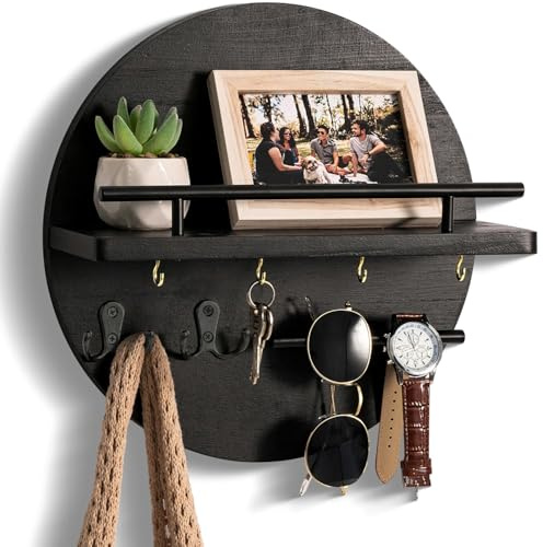 Duscdesp Schlüsselbrett, Schlüsselhalter mit ablage Rund, Schlüsselboard Vintage Holz mit Stauraum, Schlüssel Halter Schlüsselaufhänger für Flur Deko, Garderobenhaken, Hundegarderobe (Schwarz)