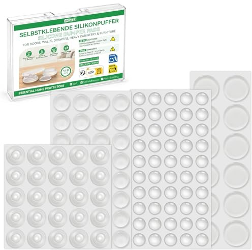 Inwee Elastikpuffer Silikon Selbstklebend, 119 Stück Transparent Schutzpuffer, Extra Stark Klebend Gummipuffer Möbelpuffer, Anschlagdämpfer Türpuffer, 4 Größen für Küche Bad Büro