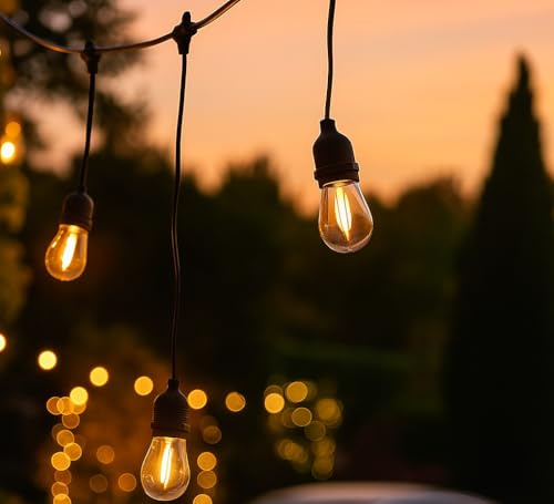 LY Sweden Außenlichterkette, 14m Gesamtlänge, für Garten/Terrasse/Balkon, 20 E27 Fassungen, Hängende Lichterkette, Schwarz, IP65 Wasserdicht, LED-kompatibel, 220-240V (2W (S14))