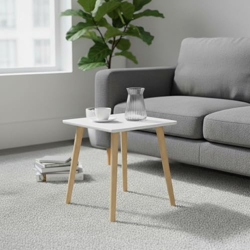 INDE MOBLEKIT | Mesa Auxiliar Madera Blanca 40x40x40 cm con 4 Patas, Mesita Auxiliar Salón Dormitorio, Mesa de Noche Estilo Nórdico para Sofá, Cama o Rincón, Mesas Auxiliares para Hogar Moderno